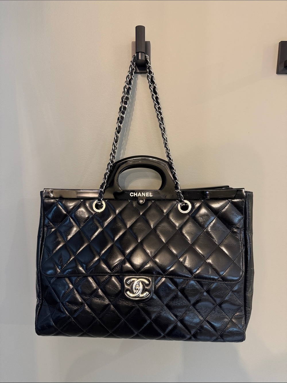 CHANEL Black Quilted Double-Handle Tote with Chain Straps